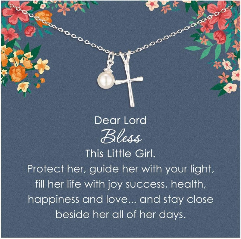 AnalysisyLove Sterling Silver Cross Necklace for Girls - First Communion, Baptism, Confirmation Gifts for Teenage Girl, Little Girls Jewelry with Pearl, Easter Gifts for Godchild - Image 1